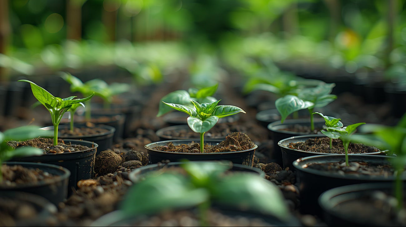 Kiemplanten op cocossubstraat in potten